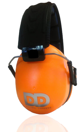 DECIBEL DEFENSE hi-vis orange ear muffs folded for easy storage