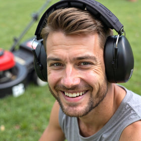 DECIBEL DEFENSE Pro Ear Muffs at shooting range reduce noise exposure.