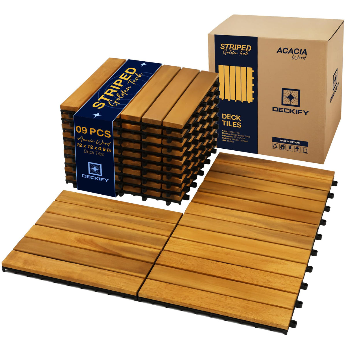 DECKIFY acacia wood interlocking tiles close-up with rich grain and durable outdoor use
