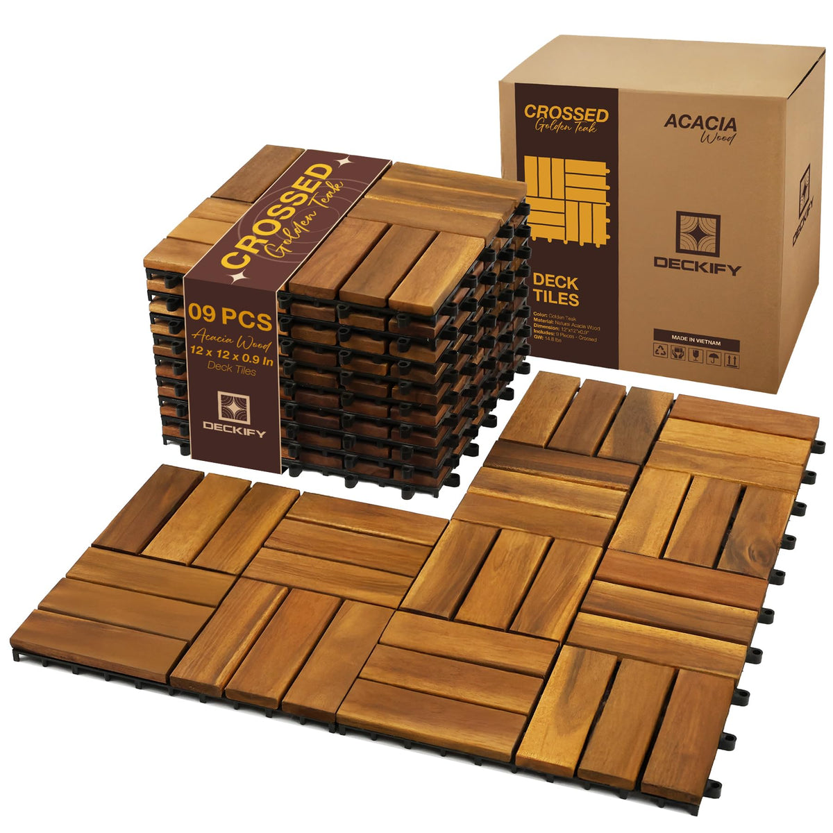 DECKIFY acacia wood tile with crossed pattern for stable outdoor flooring