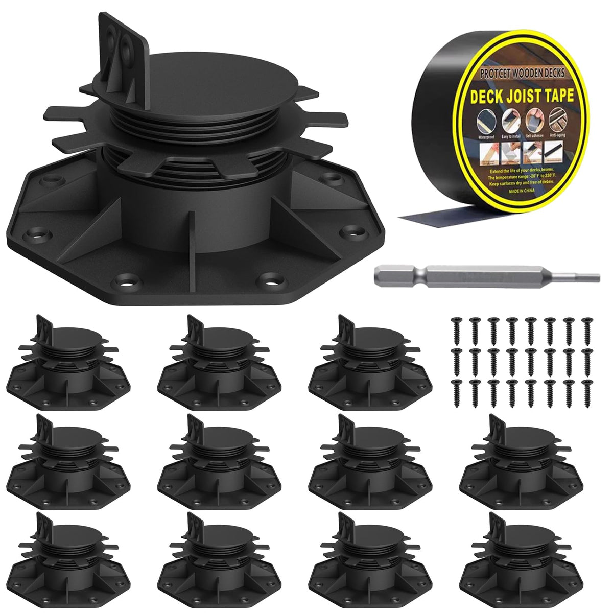 Deckit 12-pack adjustable pedestals with tilt-range for precise deck leveling.