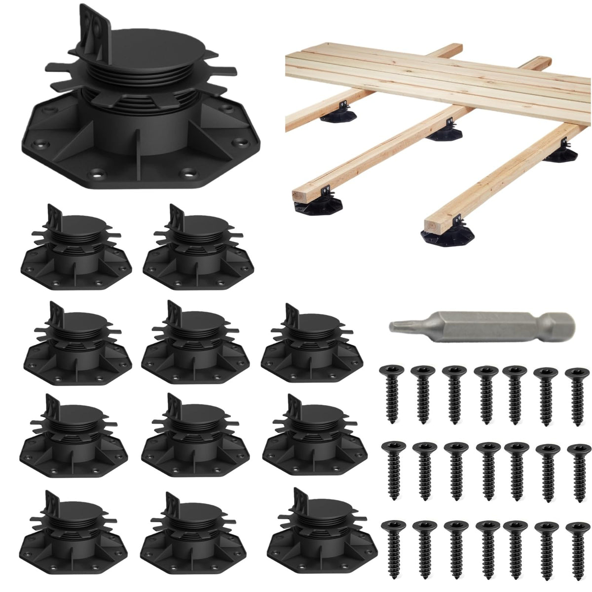 Deckit adjustable deck pedestals 12-pack setup showing stable base for outdoor joists