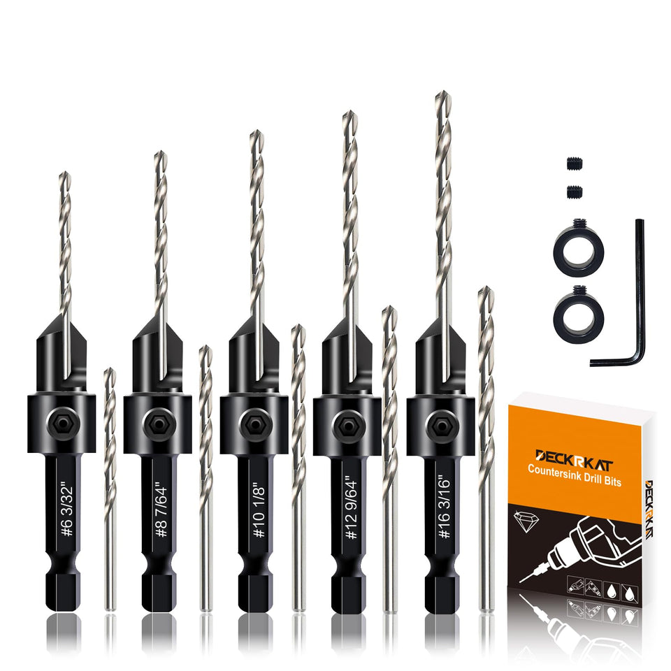 DECKRKAT 12-piece countersink set case for tidy storage and ready drilling on wood projects.