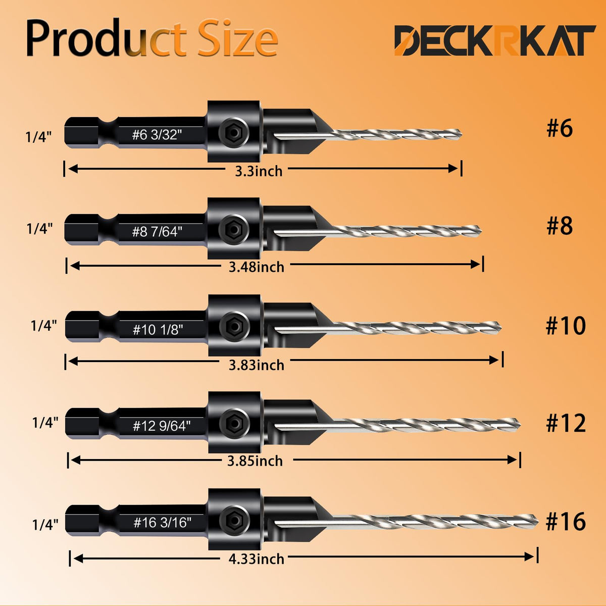 DECKRKAT 3-in-1 countersink bits demonstrate efficient drilling, countersinking, and counterboring in one step.