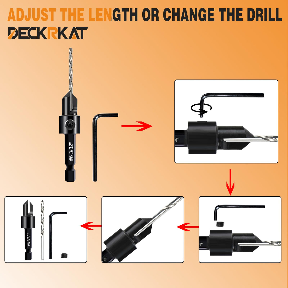 DECKRKAT depth-adjustable pilot bits ensure precise screw depth control in soft and hard woods.