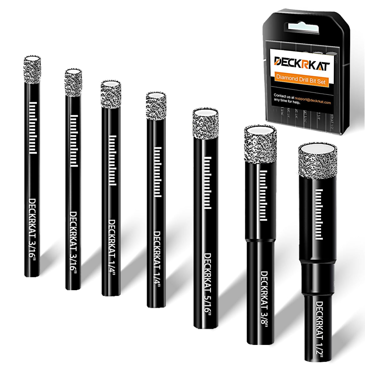 DECKRKAT 7-piece diamond drill bits set close-up for precise tile and glass drilling
