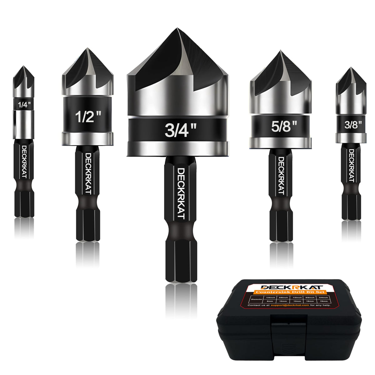 DECKRKAT countersink 1/4-inch bit for flush screw heads in woodworking projects.