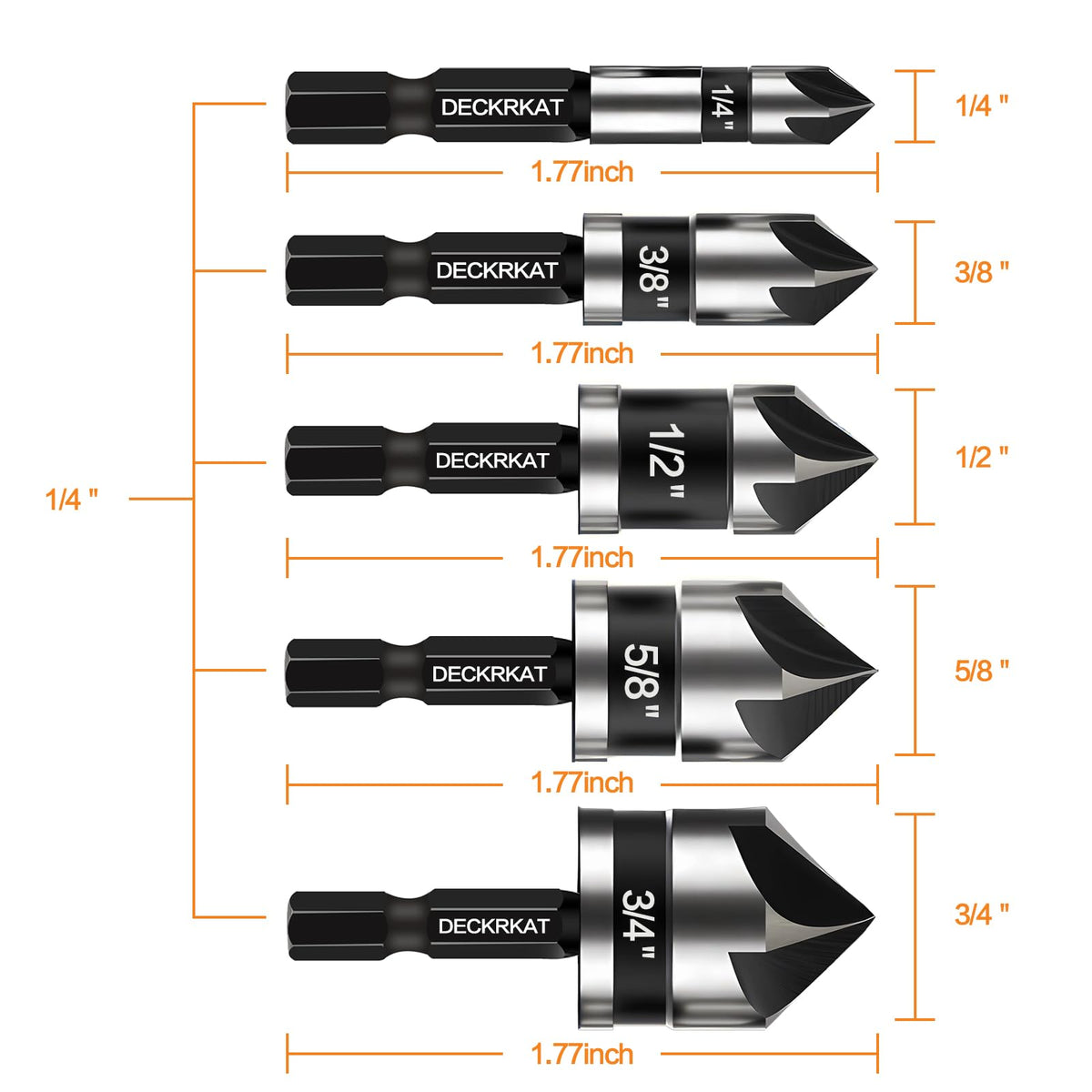 DECKRKAT countersink 3/8-inch bit delivers smooth chamfers in wood and metal.