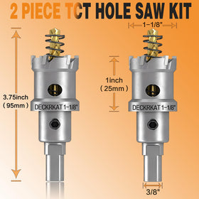 DECKRKAT hole saw with spring-loaded pilot bit shows debris ejection in action