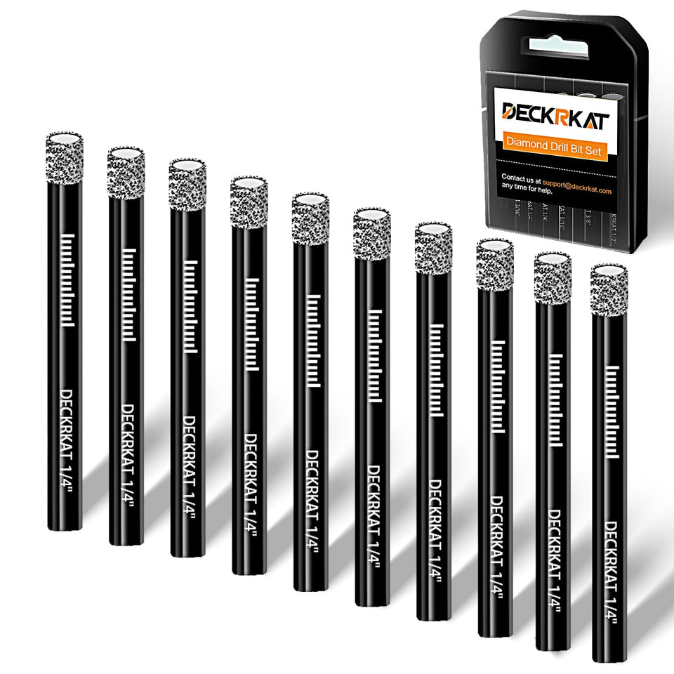DECKRKAT 10-pack dry diamond core bits for fast drilling in hard materials with a storage case.