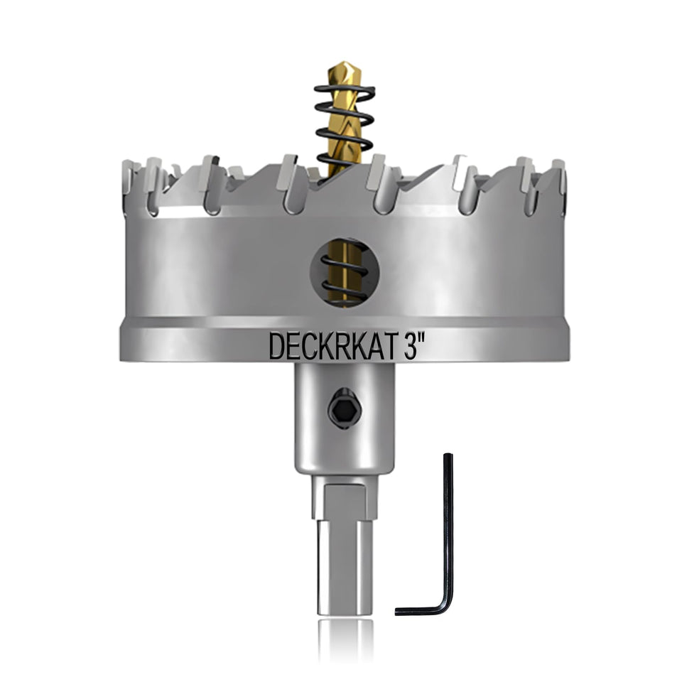 DECKRKAT 75mm TCT hole saw delivers precise cuts in stainless steel and tough metals.