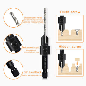 DECKRKAT 82-degree countersink creates clean chamfers for smooth screw heads.