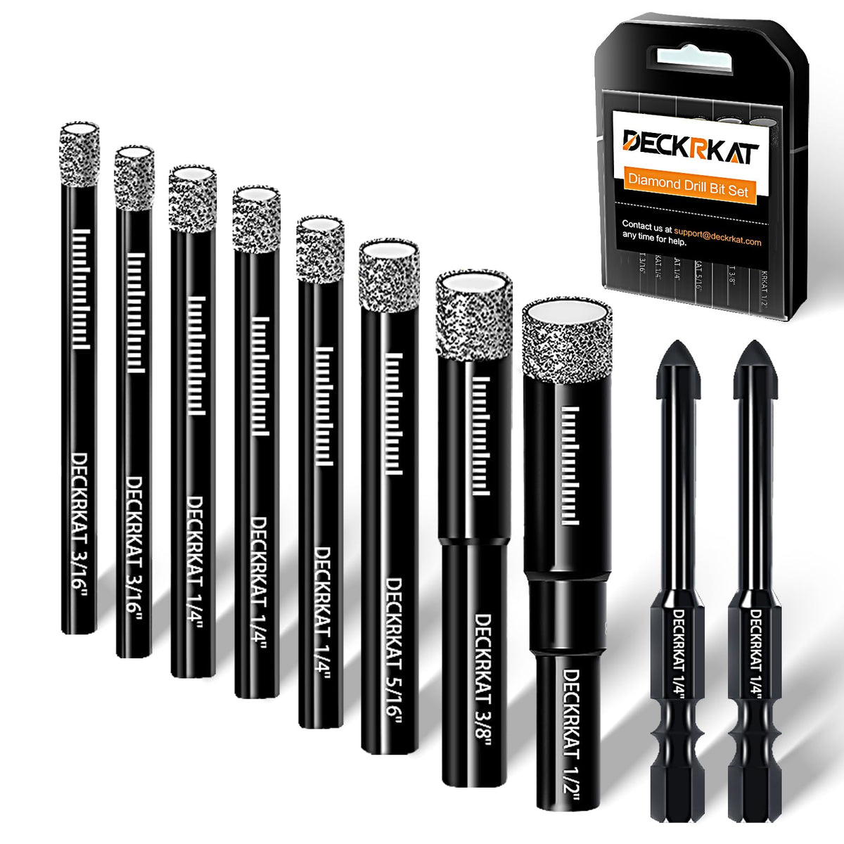 DECKRKAT dry diamond drill bits set for tile and stone tasks.