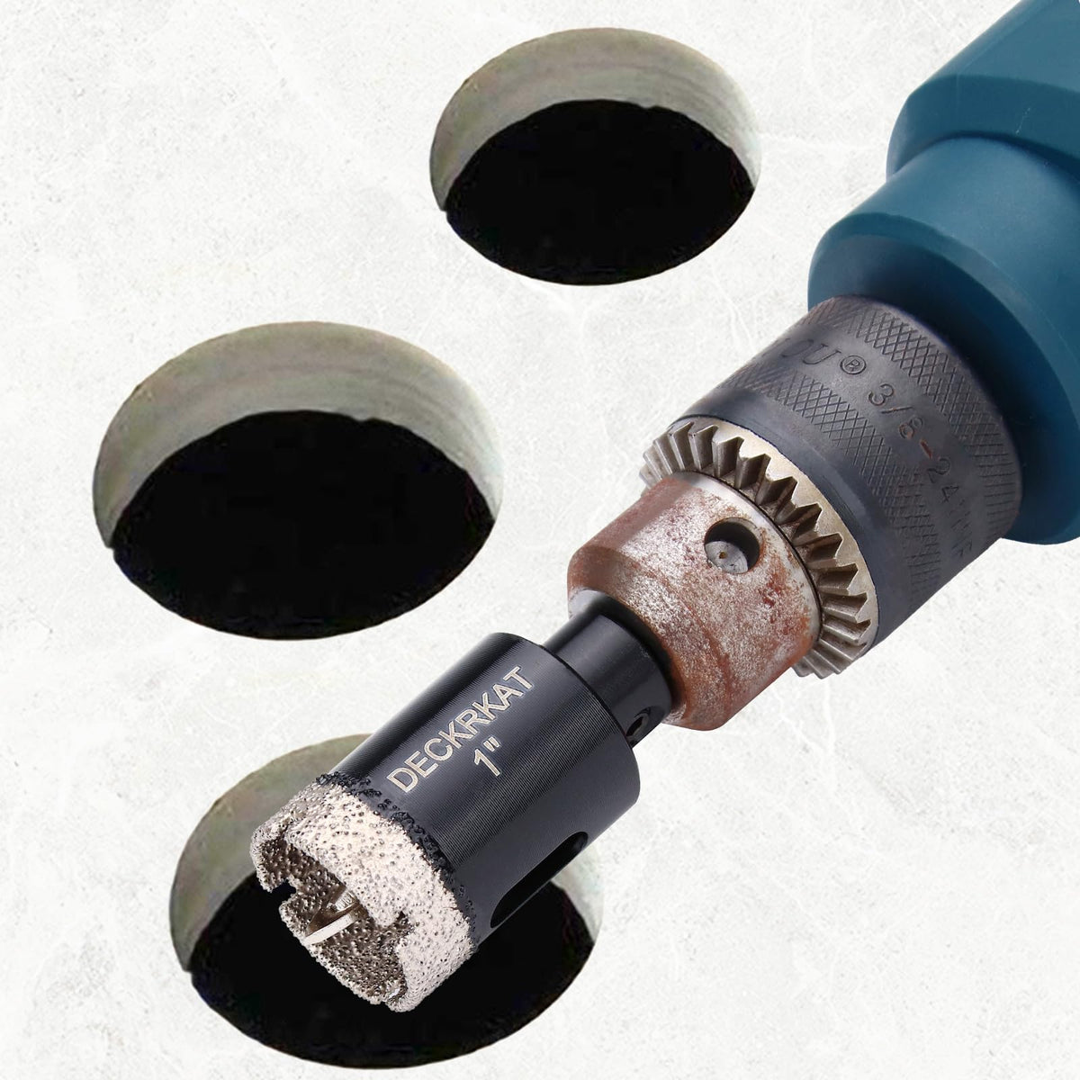 DECKRKAT quick drilling guide reduces effort and debris.