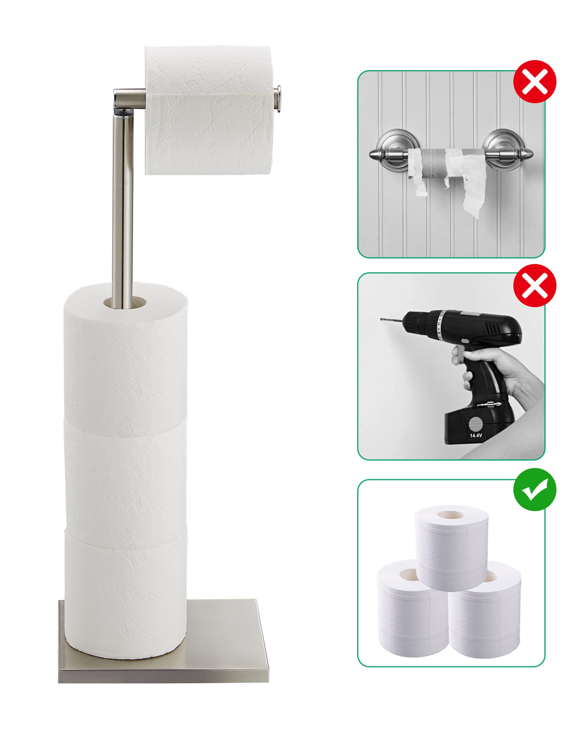 DECLUTTR toilet paper holder stand adjustable-roll-stick demonstrates flexible roll dispensing.