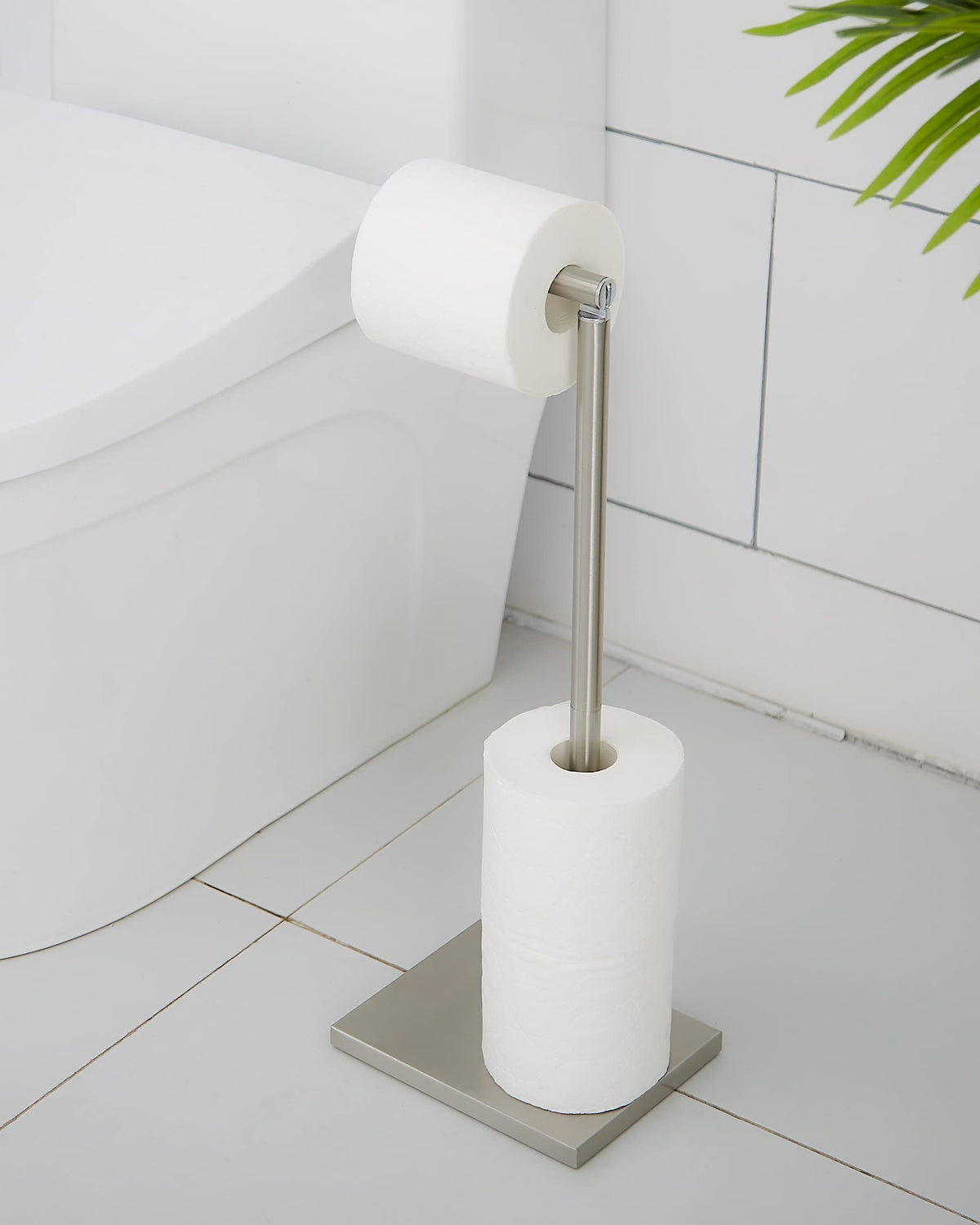 DECLUTTR toilet paper holder stand installation requires no drilling and quick setup.