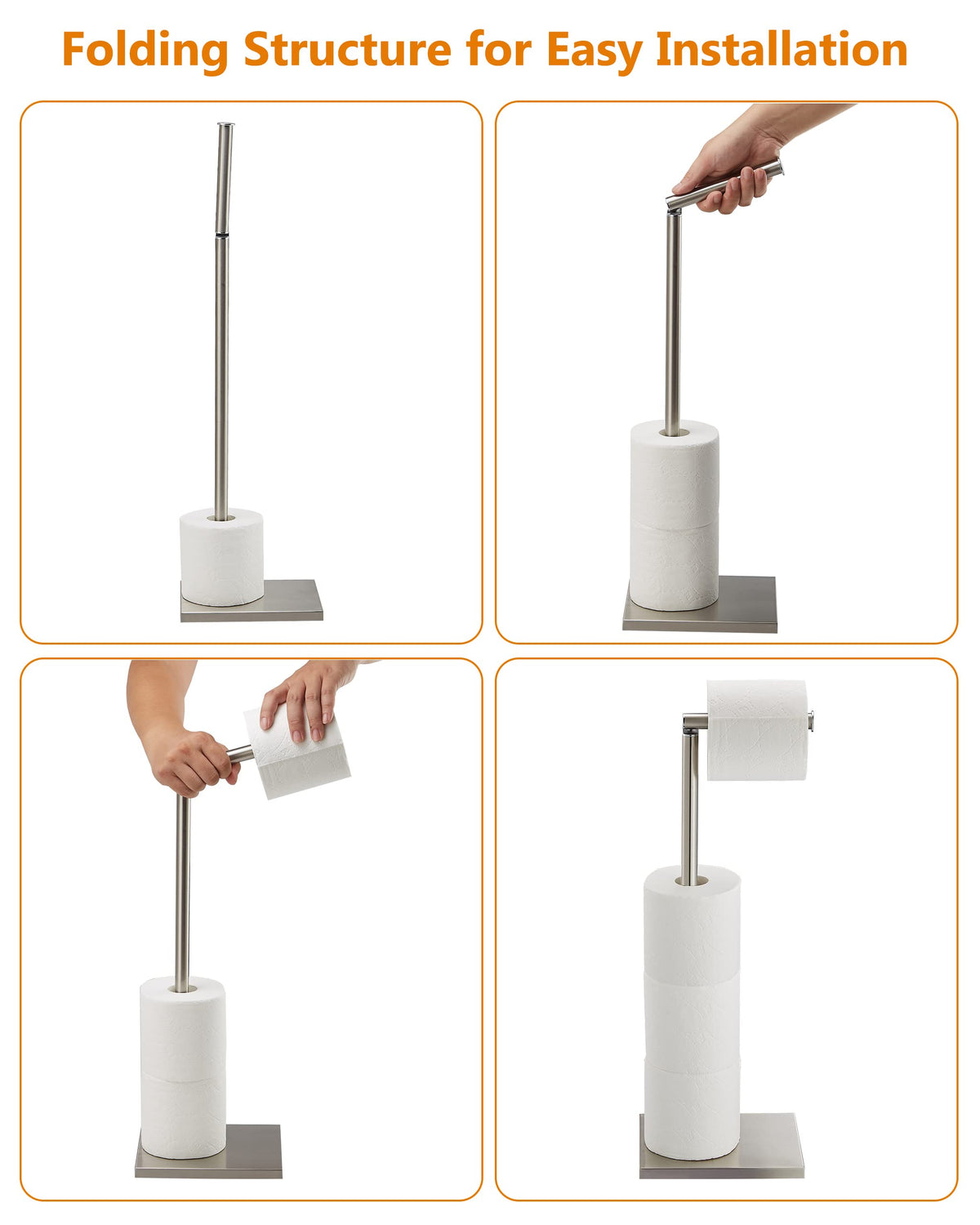 DECLUTTR toilet paper holder stand roll stack shows capacity for four rolls.