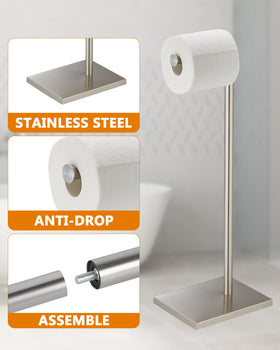 DECLUTTR toilet paper holder stand stainless steel finish highlights rustproof durability for busy baths.