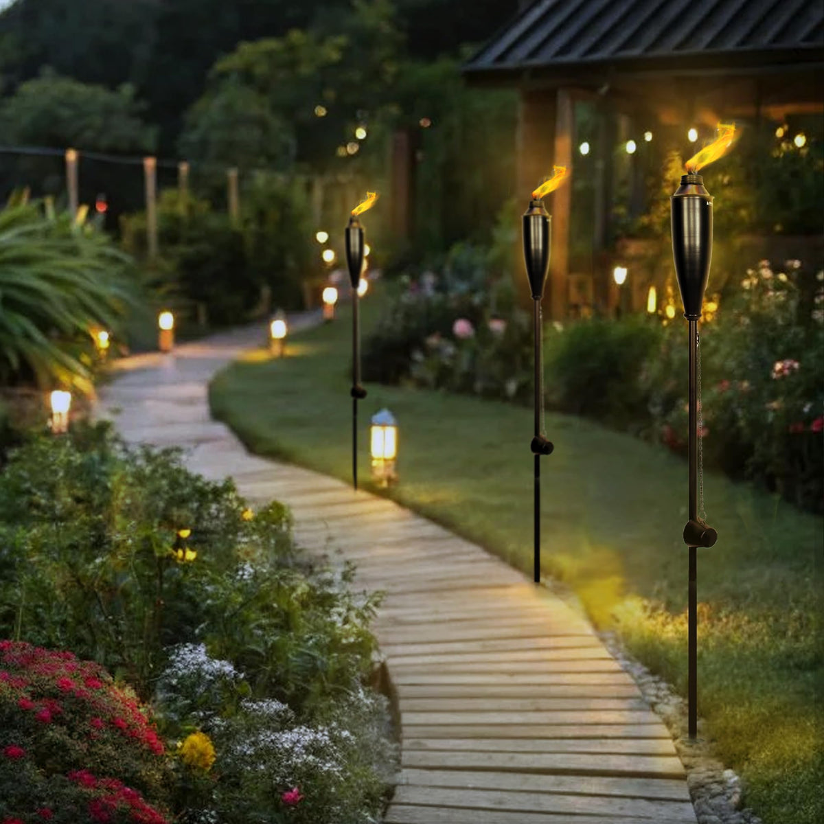 Deco Window outdoor torches suit patio, lawn, and backyard gatherings.