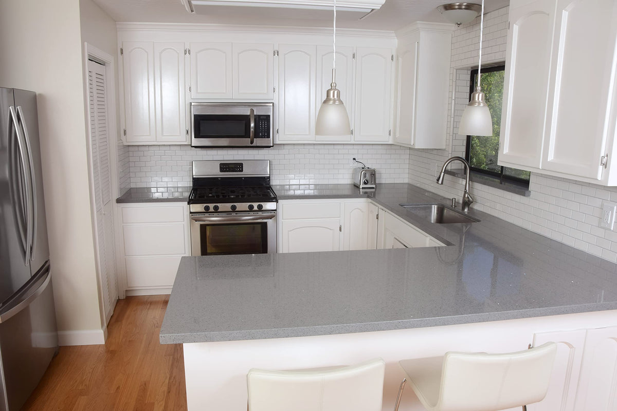 DecoBasics brushed-nickel hardware complements modern kitchens and improves door alignment.