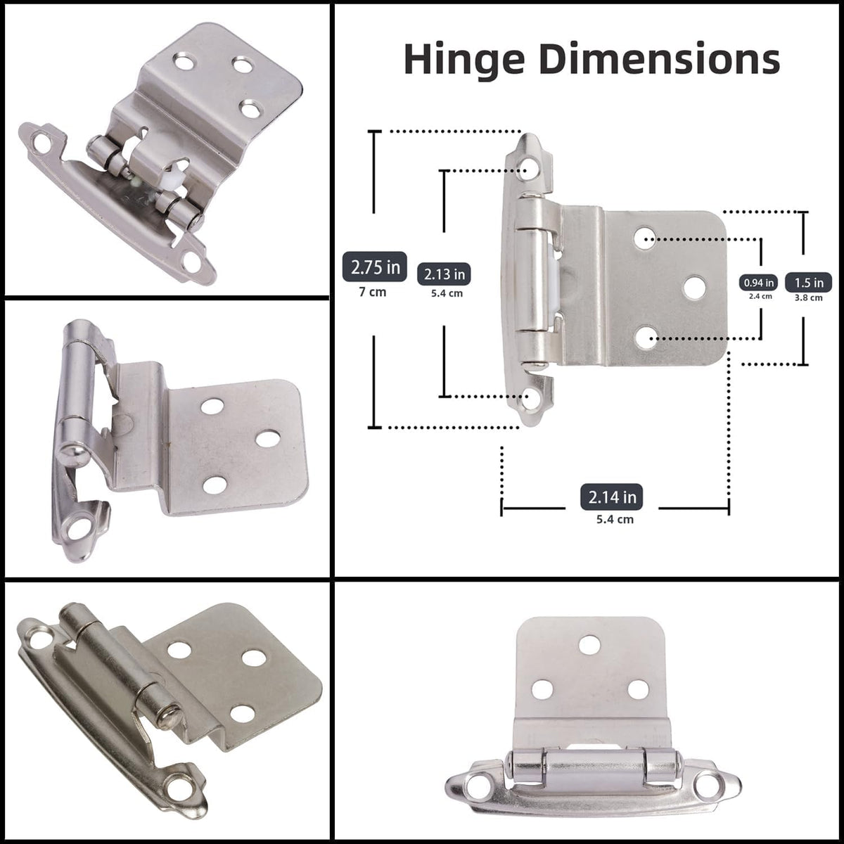 DecoBasics brushed nickel inset hinge close-up shows upgraded screws.