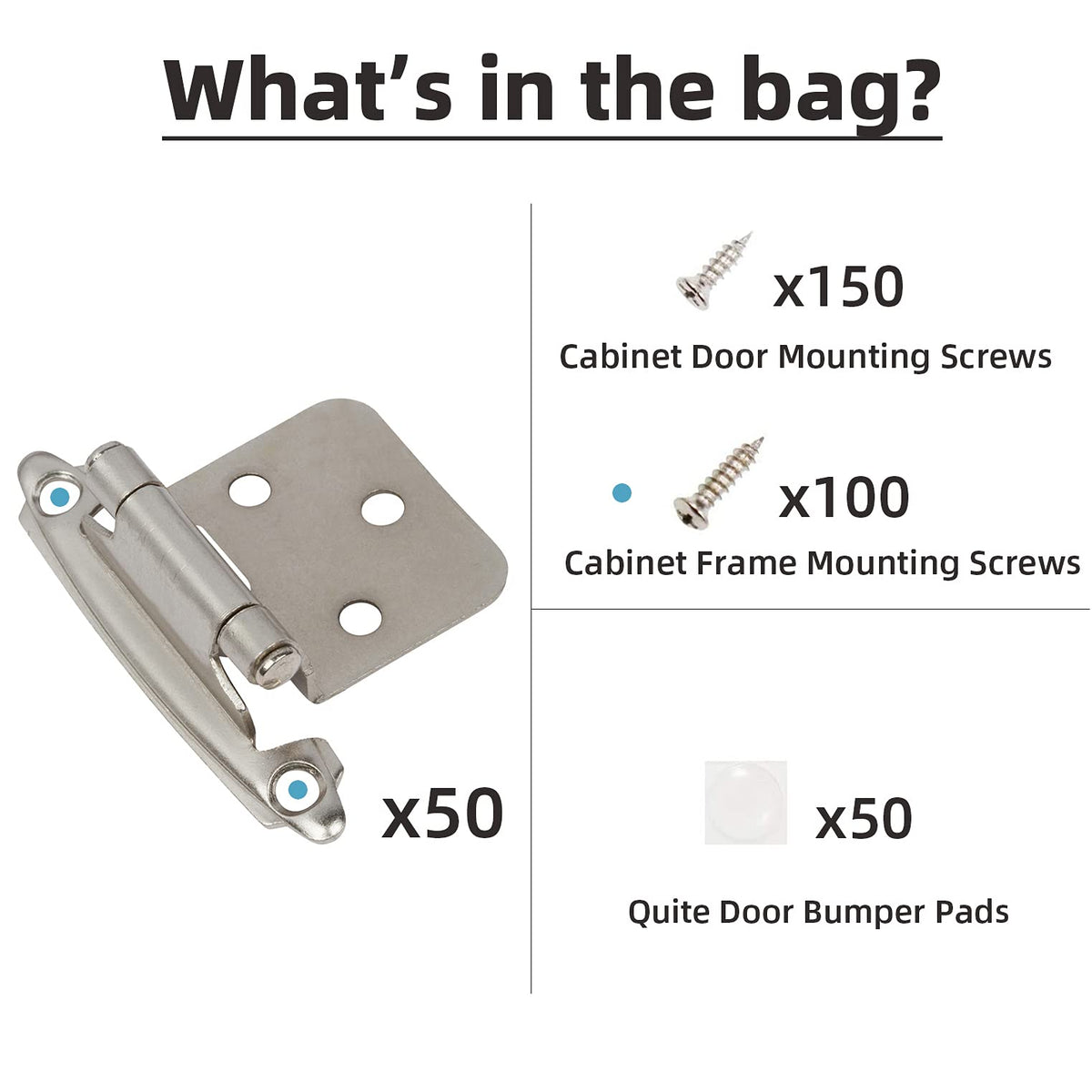 DecoBasics flush mount hinges come with upgraded screws for secure fittings.