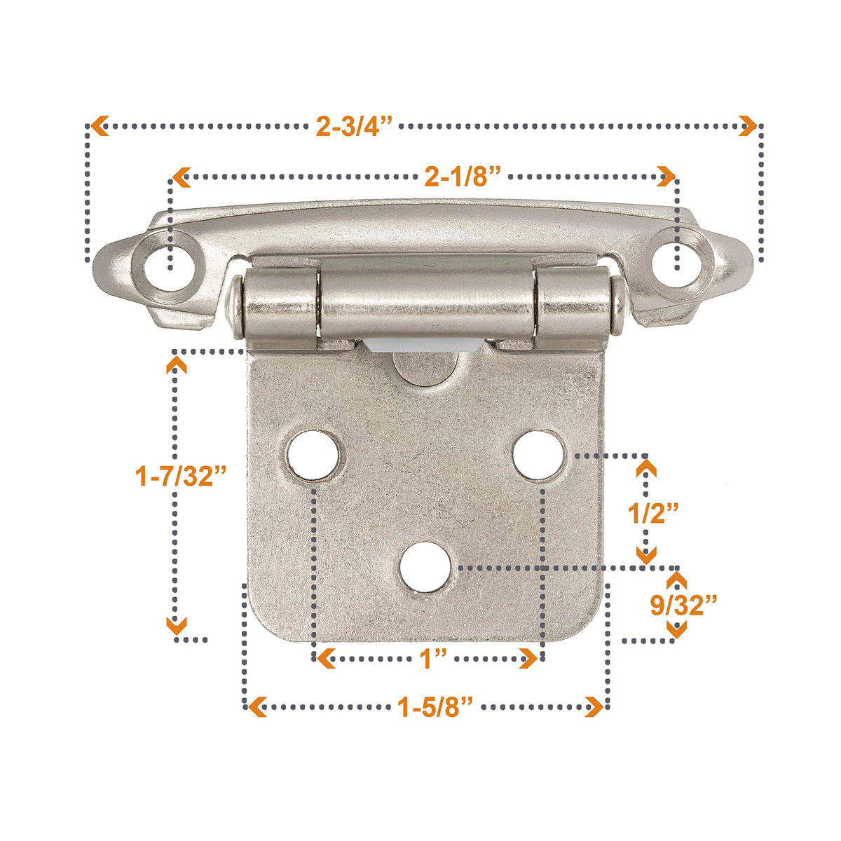 DecoBasics flush mount hinge closeup for surface-mount fit.