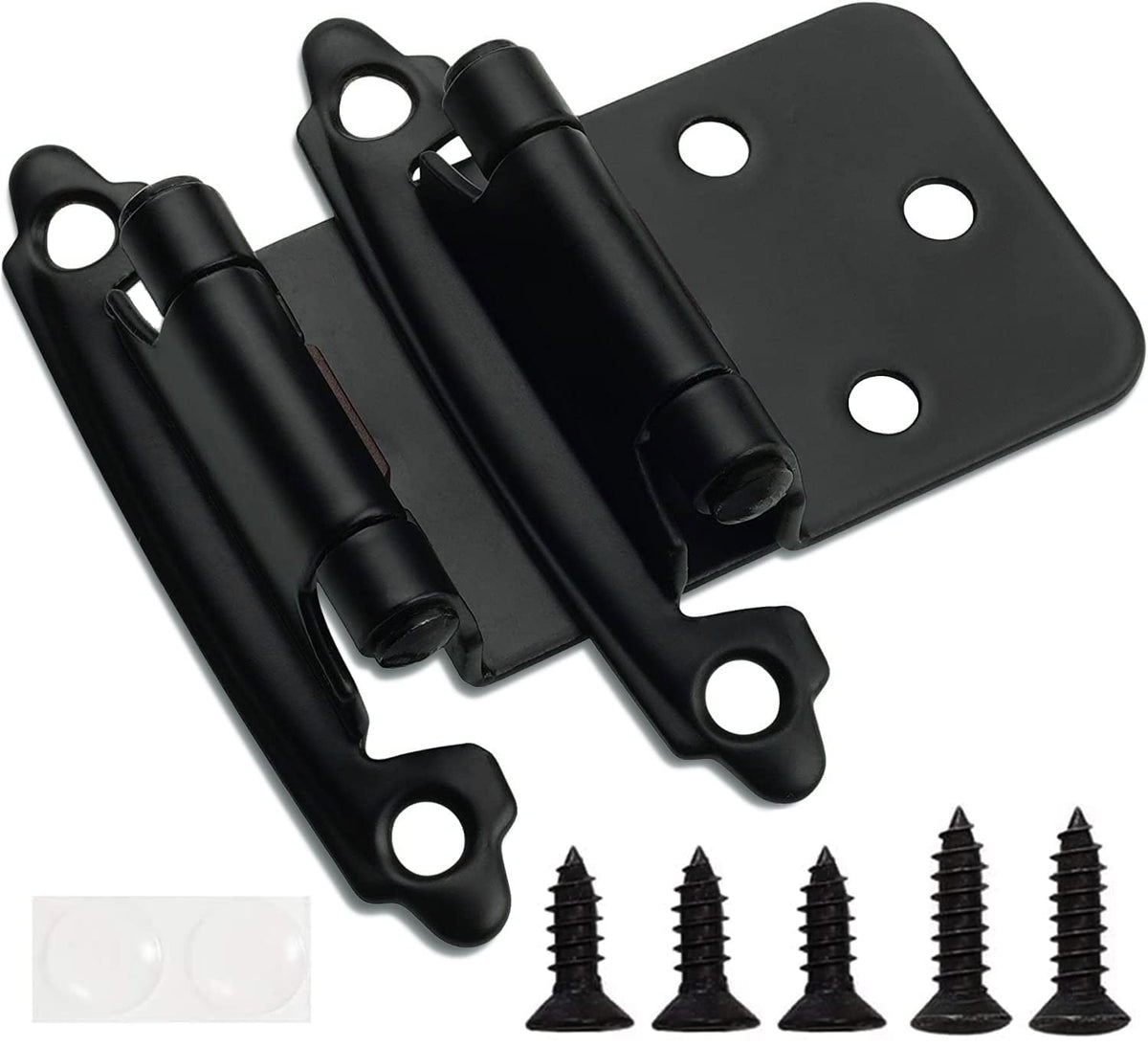 DecoBasics half-inch overlay matte black hinge on a cabinet door for quiet self-close.