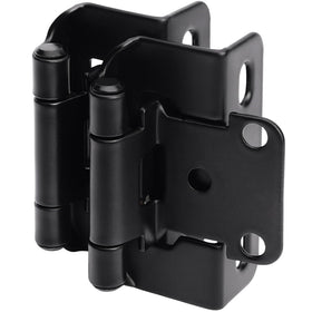 DecoBasics half-overlay black hinge closeup for smooth, quiet cabinet doors.
