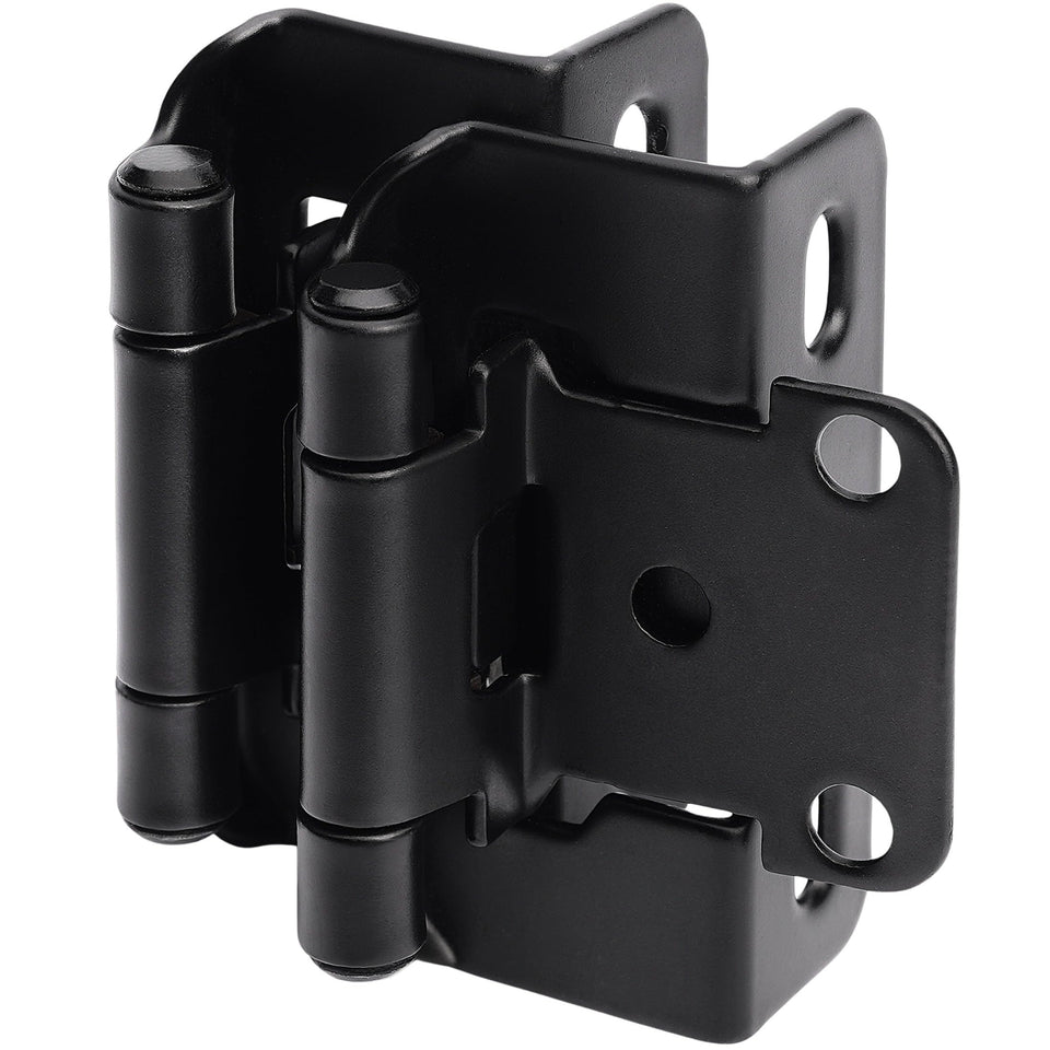 DecoBasics half-overlay black hinge closeup for smooth, quiet cabinet doors.
