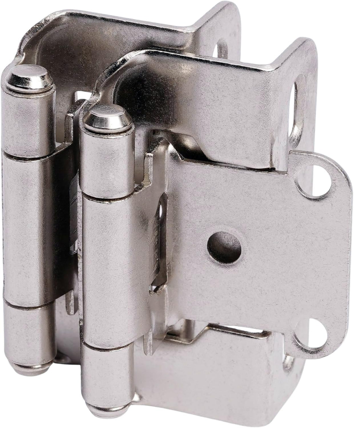 DecoBasics half-overlay hinges brushed nickel closeup for face-frame cabinets