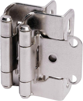DecoBasics half-overlay hinges brushed nickel closeup for face-frame cabinets