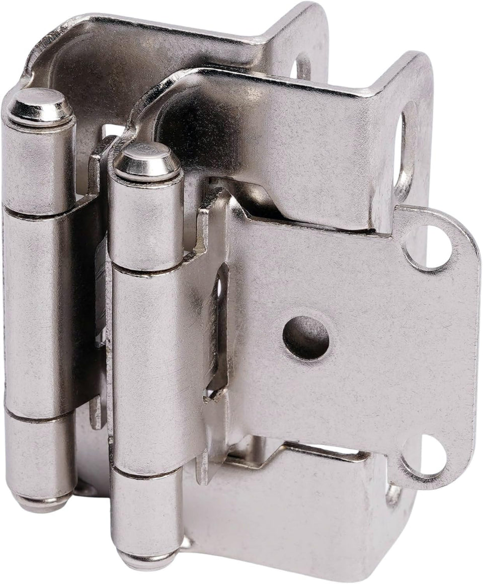 DecoBasics half-overlay hinges brushed nickel closeup for face-frame cabinets