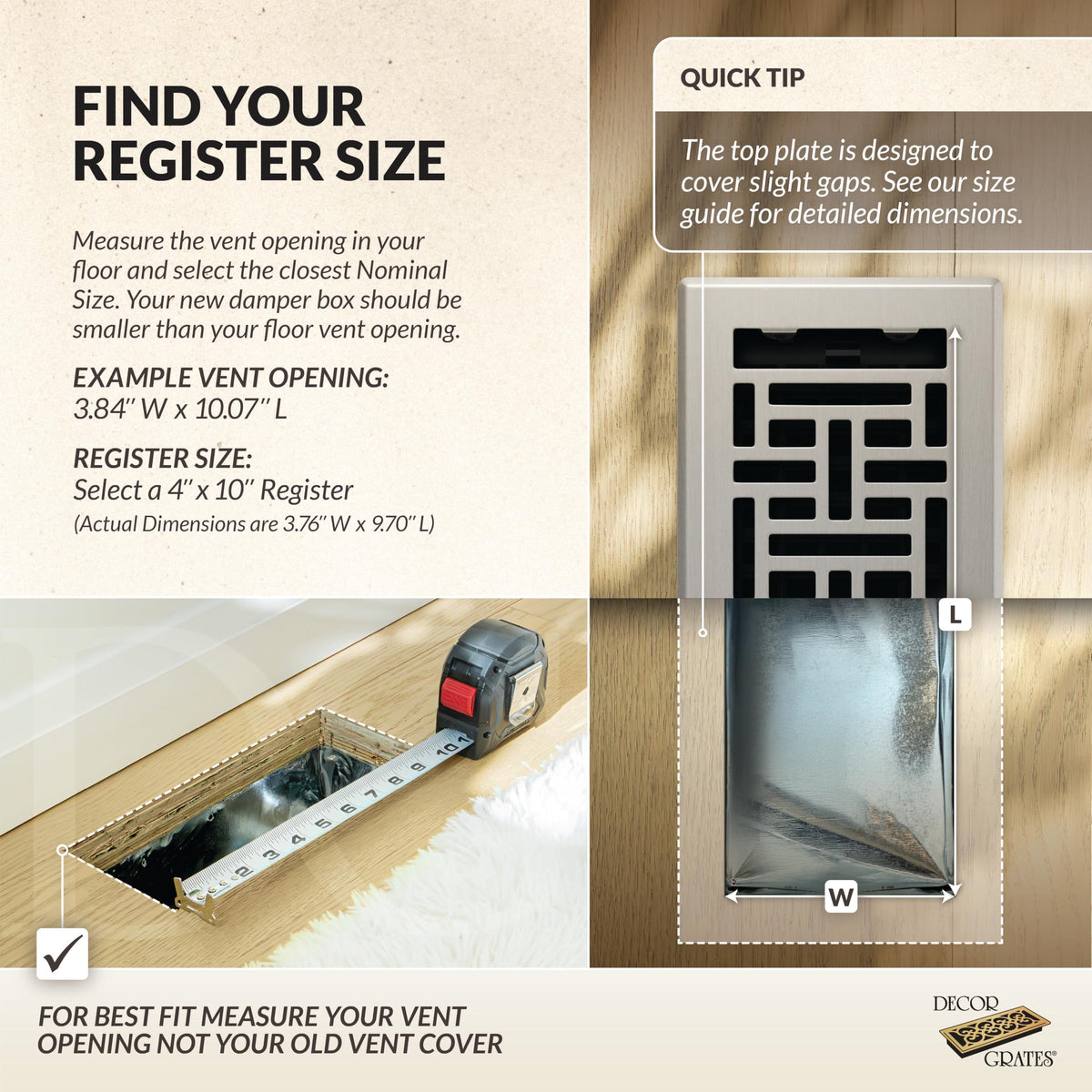 Easy-install drop-in vent for AJH410-NKL floor register by Decor Grates