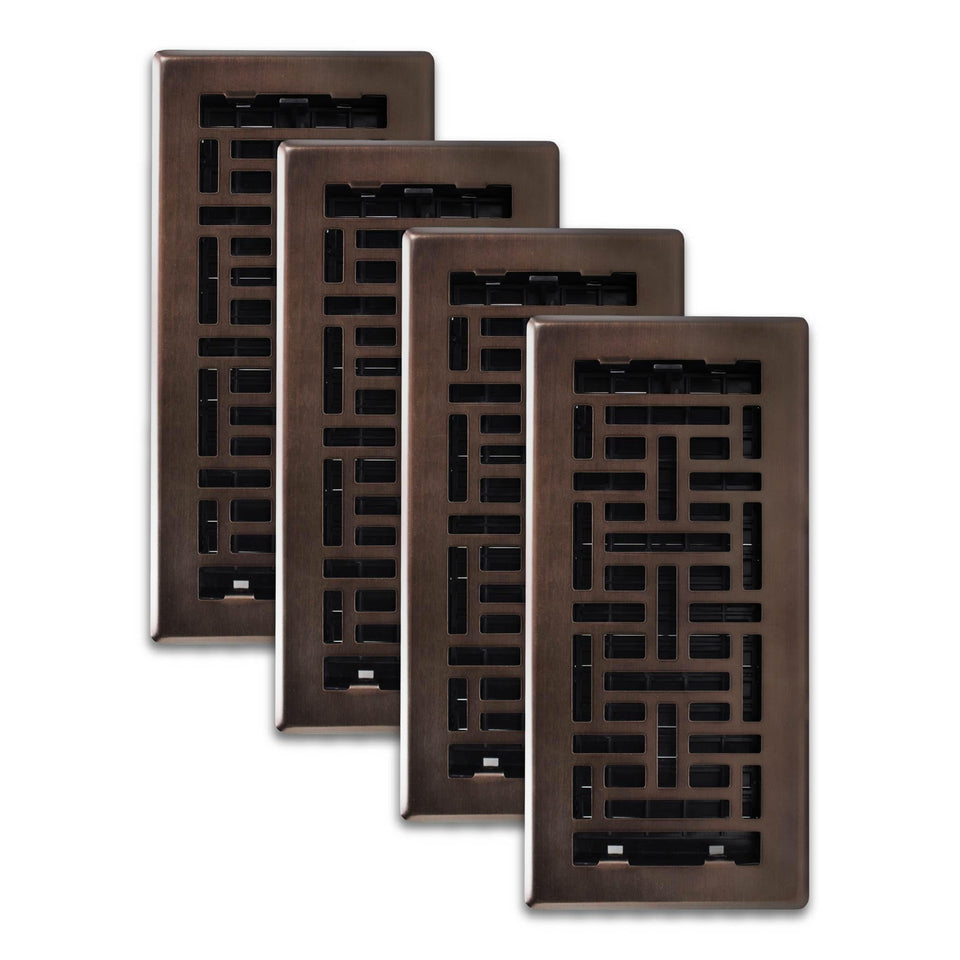 Decor Grates AJH410-RB Oriental Floor Register front view in rubbed bronze finish complements decor.