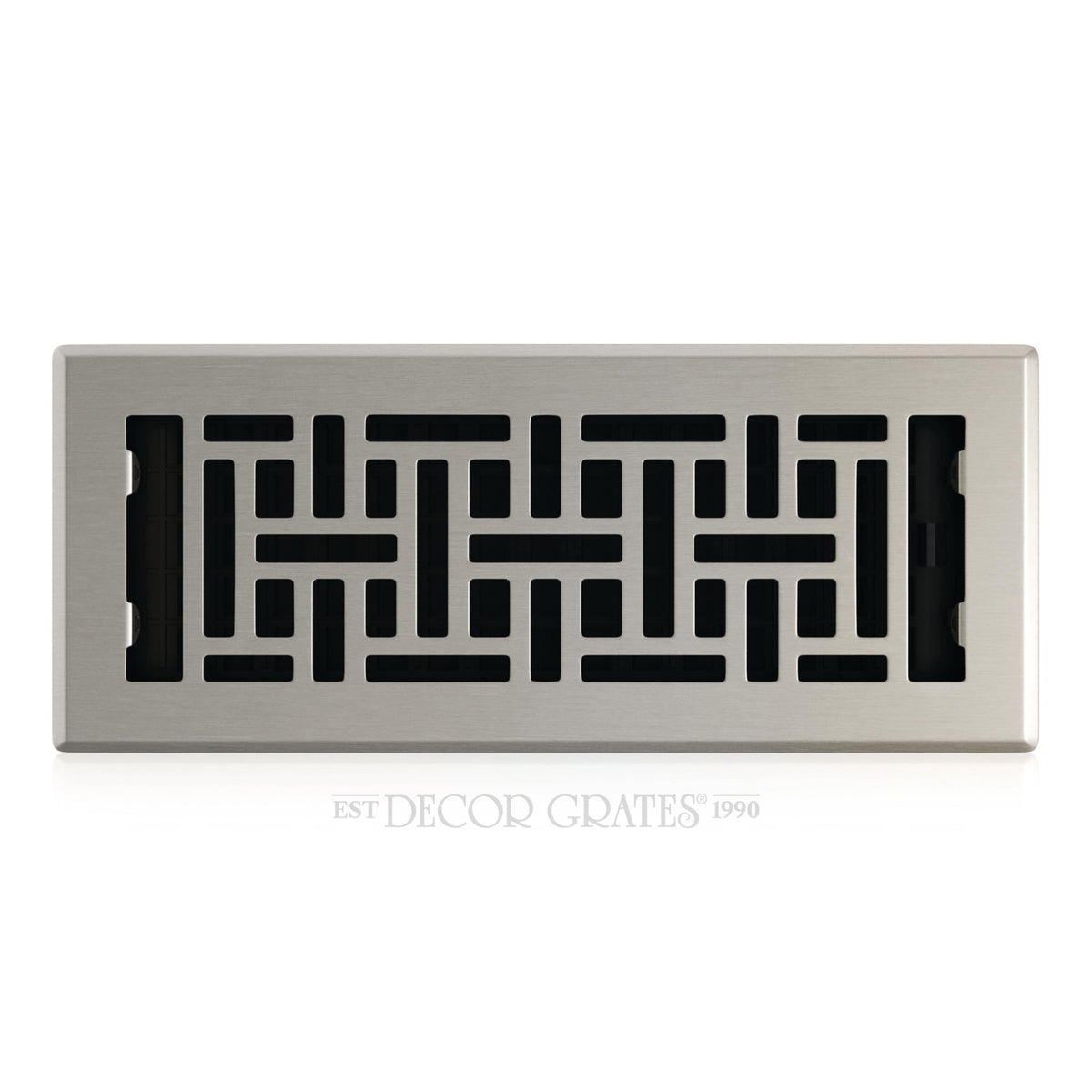 Decor Grates AJH412-NKL oriental floor register in brushed nickel, stylish, durable ventilation front view.