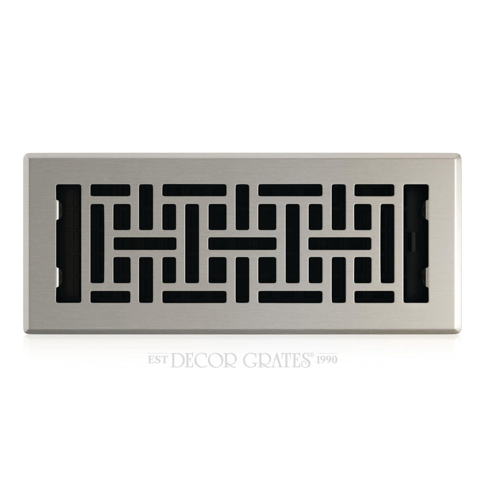 Decor Grates AJH412-NKL oriental floor register in brushed nickel, stylish, durable ventilation front view.