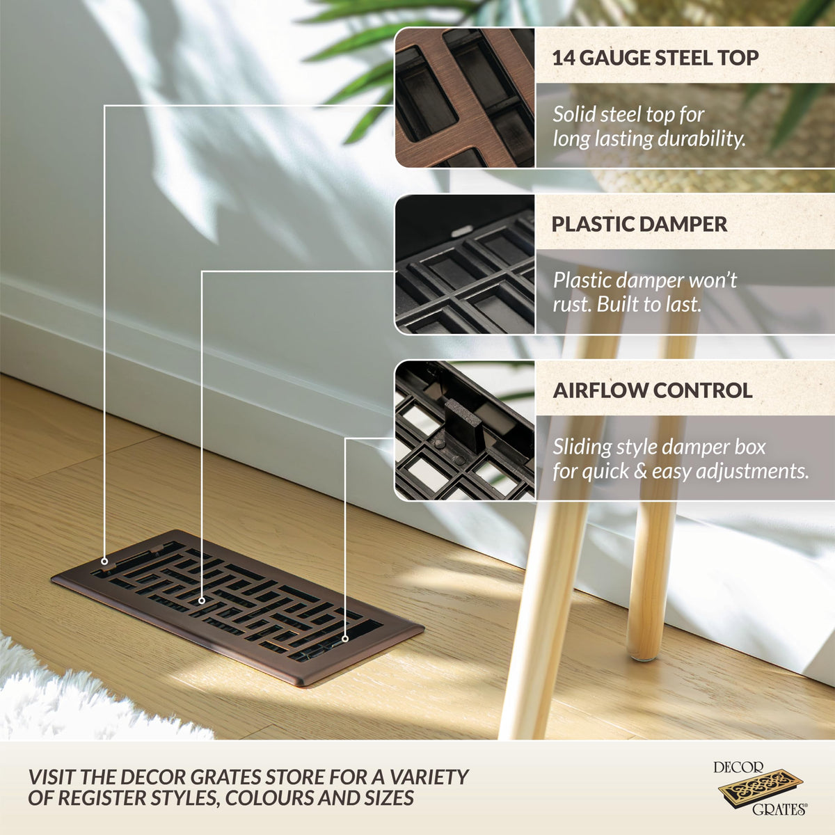 Decor Grates rubbed bronze damper lever for smooth, quiet airflow control