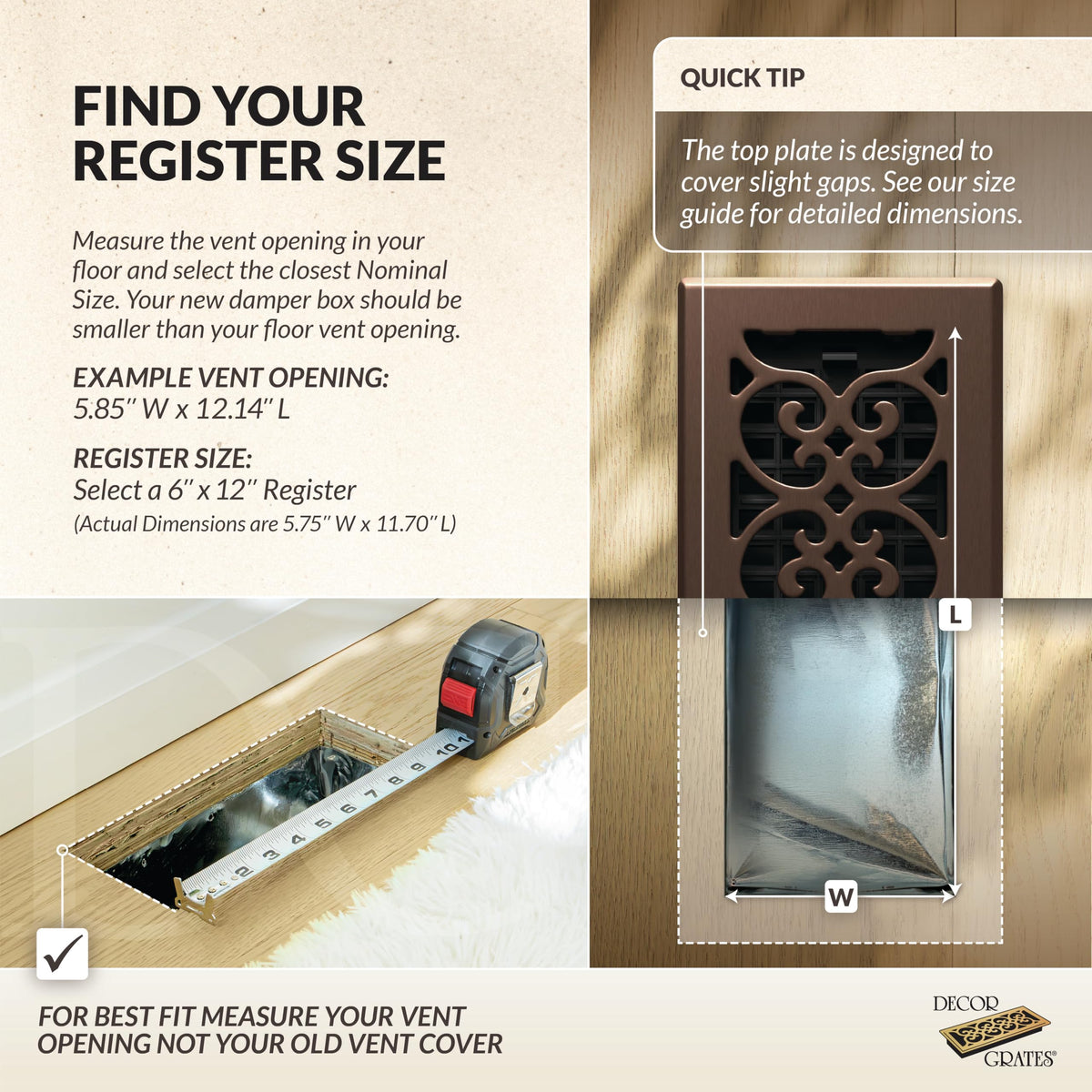 Decor Grates rubbed bronze finish scroll design complements flooring and style