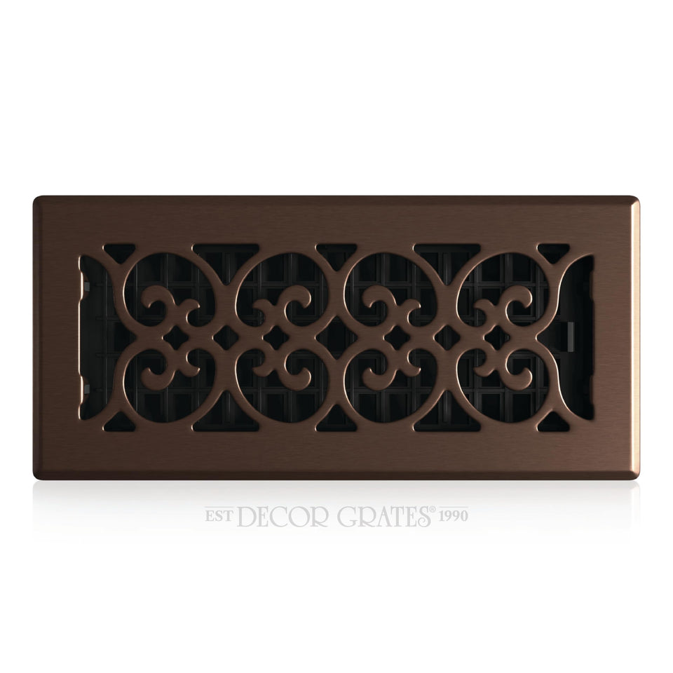 Decor Grates scroll faceplate in rubbed bronze enhances floor vent aesthetics and airflow