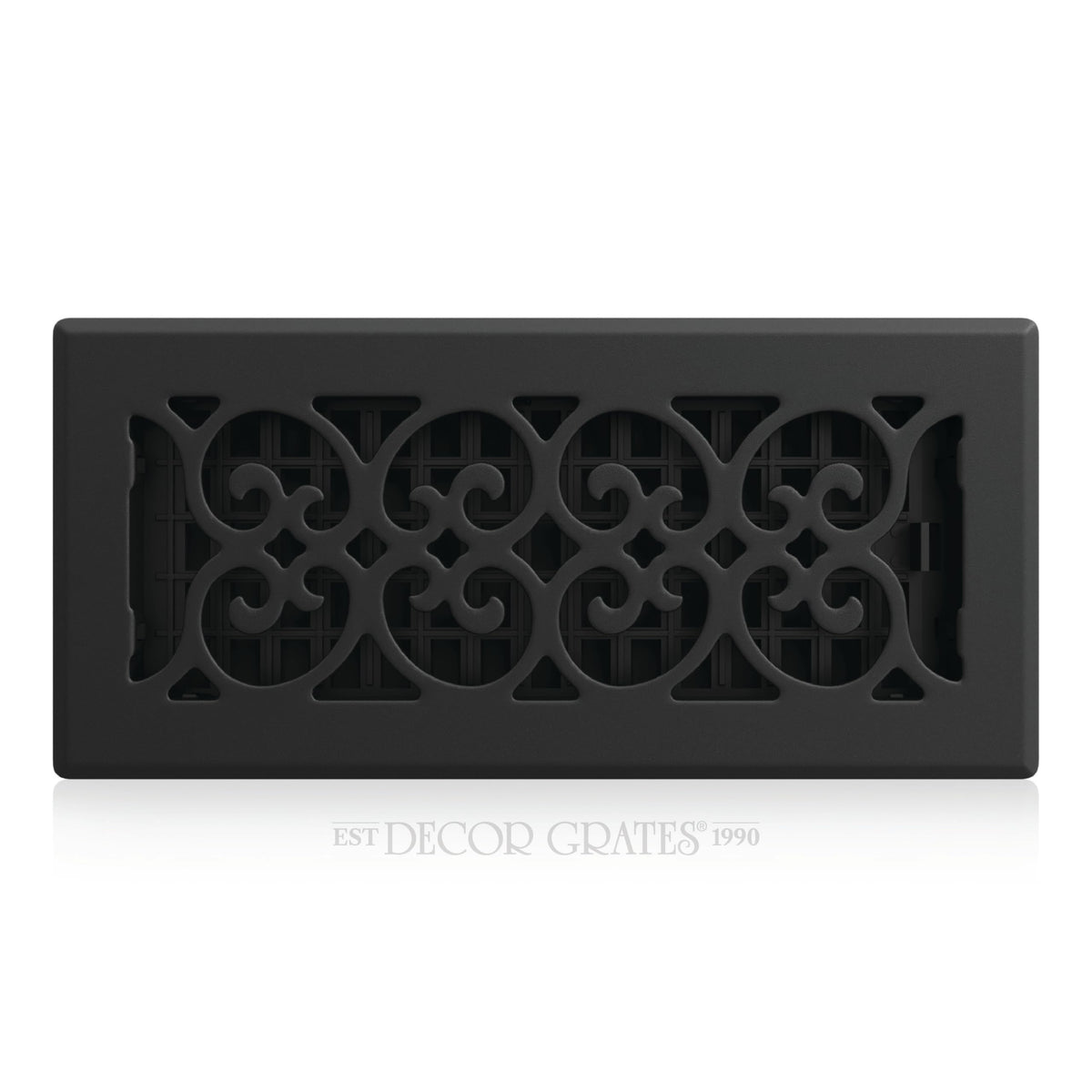 Decor Grates scroll floor register 4x10 with textured black finish for classic style.