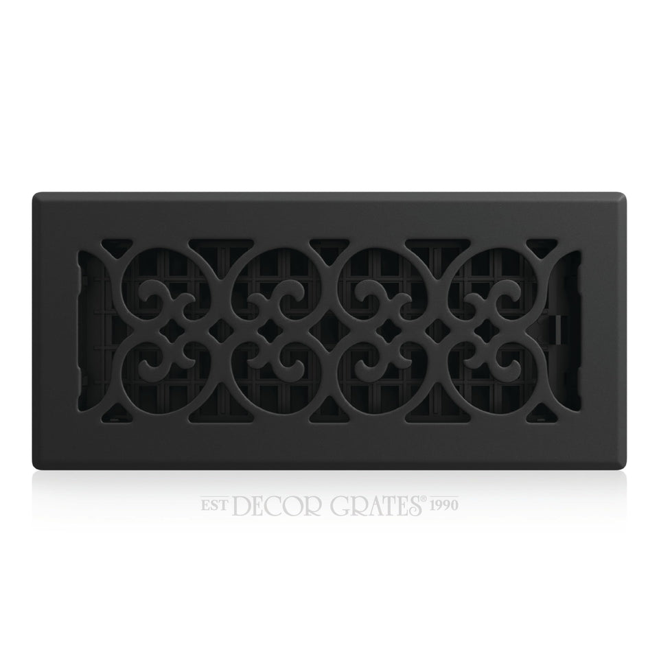 Decor Grates scroll floor register 4x10 with textured black finish for classic style.
