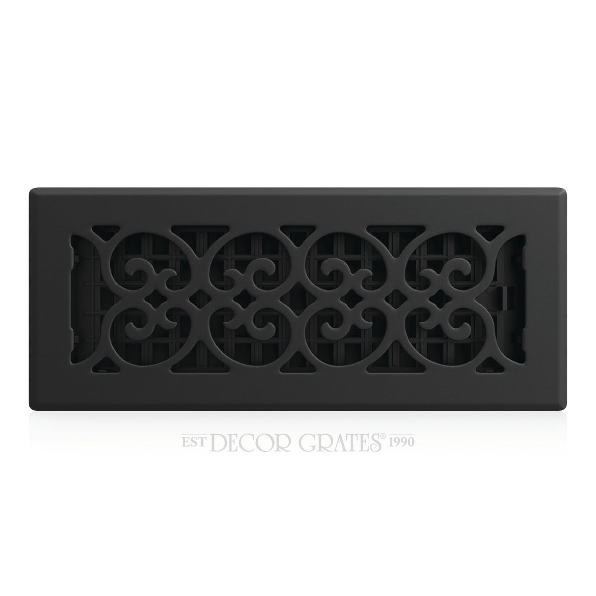 Decor Grates scroll vent cover in textured black enhances vents and decor.