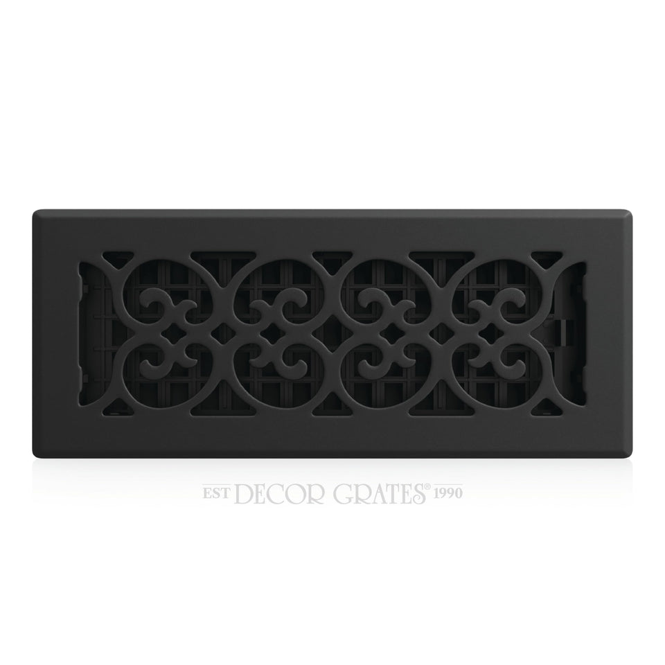 Decor Grates scroll vent cover in textured black enhances vents and decor.
