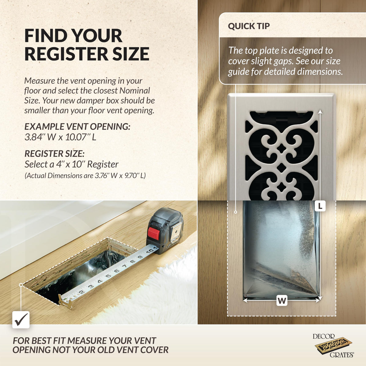 Decor Grates SPH410-NKL damper box closeup, eco-friendly recycled material construction.