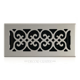Decor Grates SPH410-NKL scroll floor register front view in brushed nickel finish, timeless style.