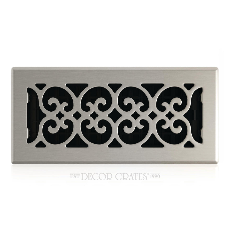 Decor Grates SPH410-NKL scroll floor register front view in brushed nickel finish, timeless style.