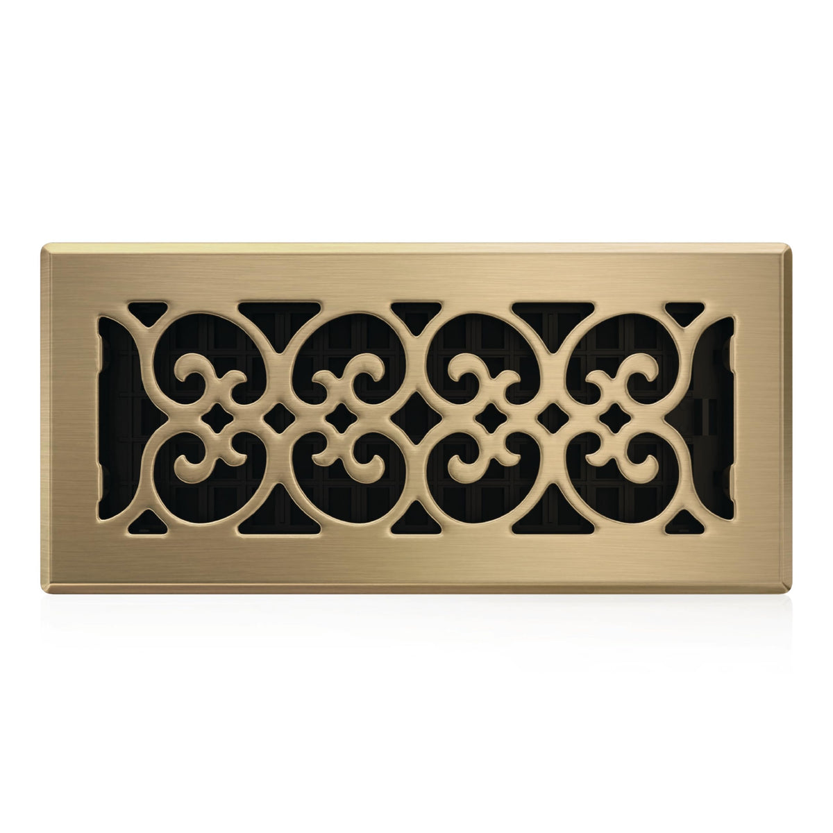 Decor Grates SPH410 scroll floor register in antique brass finish, front view