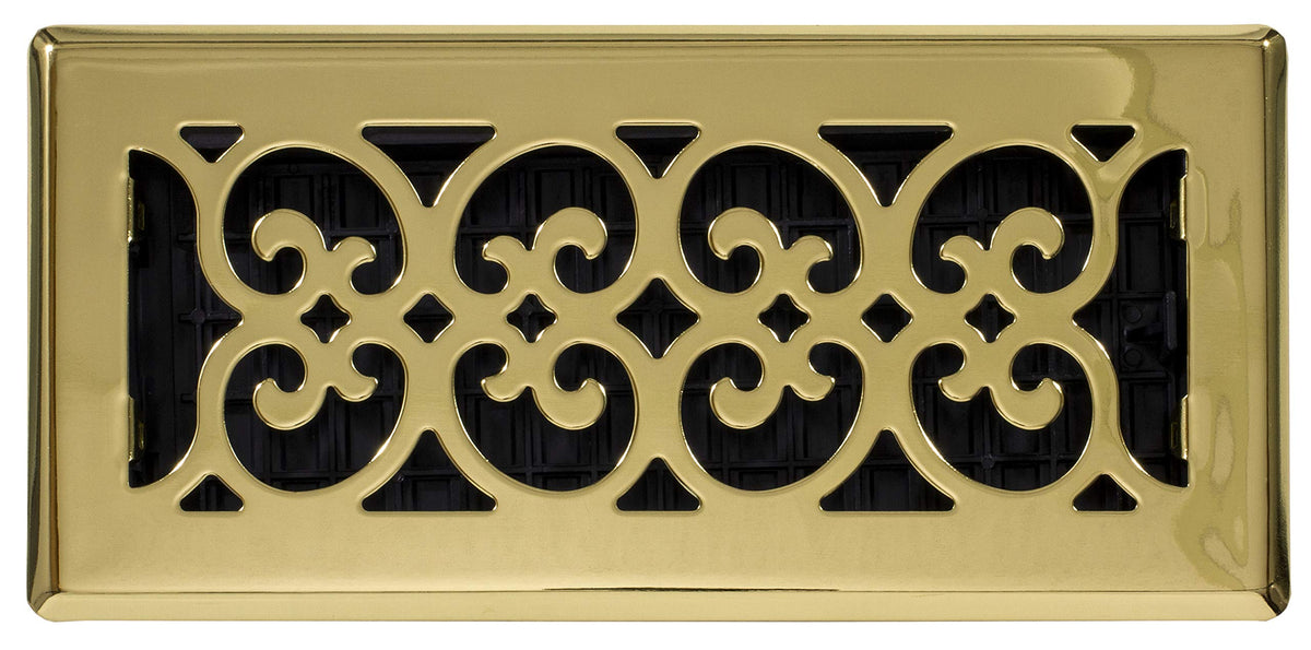Decor Grates SPH410 polished brass floor register showcasing scroll motif and easy fit