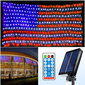 Decute solar American flag net light in a 6.6ft by 3.3ft display for outdoor decor.